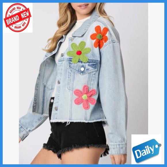 Long Sleeve Button Down 3D Flower Patchwork Crop Raw Hem Denim Jacket - Picture 2 of 6